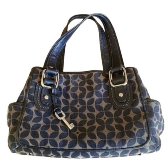 Fossil Black & Brown Multi Canvas Zip Satchel Handbag Hobo Purse Carryall Tote - Picture 1 of 12